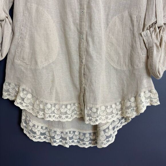 Umgee Cotton Blend Beige White Stripe Lace Trim Button Front Shirt XL - Picture 6 of 15